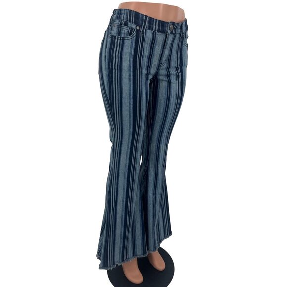 RARE NWT Free People Blue Stripe Super Flare Bell Bottom Jeans Boho Hippie Retro - Picture 6 of 16